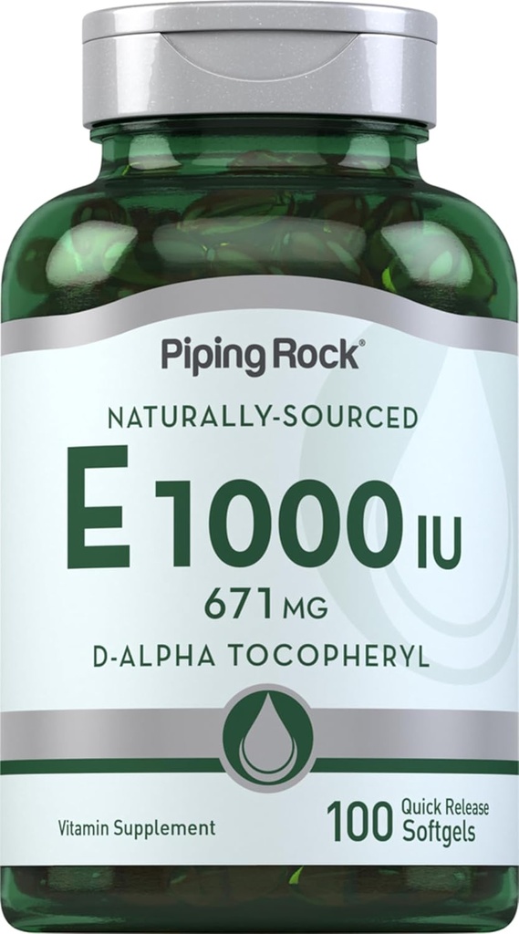 Piping Rock Vitamin E 1000 IU Softgel Capsules | 671mg | 100 Pills | D-Alpha Tocopheryl Supplement | Non-GMO, Gluten Free