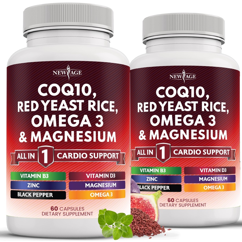 NY ALDER COQ10 200mg Rød Gær Rice 3000mg Omega 3- 6- 9 3000mg Magnesium Complex 500mg Zinkvitamin K2 D3 - Vitaminer for kvinder og mænd med vitamin B3, Coenzym Q10- 120 Tæl