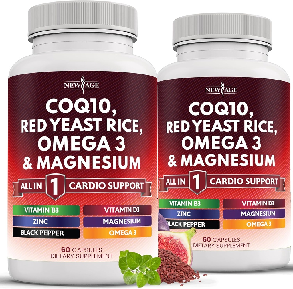 NY ALDER COQ10 200mg Rød Gær Rice 3000mg Omega 3- 6- 9 3000mg Magnesium Complex 500mg Zinkvitamin K2 D3 - Vitaminer for kvinder og mænd med vitamin B3, Coenzym Q10- 120 Tæl