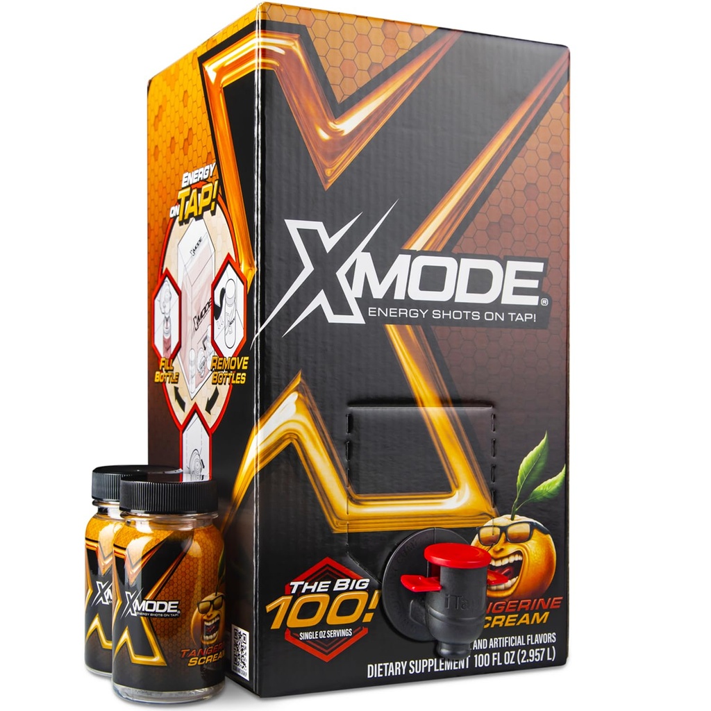 XMODE Extra Strength Energy Shots on Tap - Tangerine Flavor, Sugar Free, 150mg Koffein per oz, B12, 100 (1oz) Serveringer, Dispenser med 2 genopfyldelige flasker