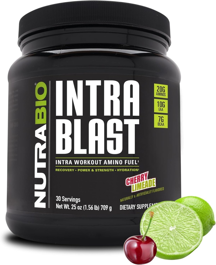 NutraBio Intra Blast Bcaa Pulver Aminosyretilskud, Elektrolyte & Hydration Blend, Intra, Pre Workout & Muscle Recovery, 20g Eaa Aminosyrer Pulver, 5g Glutamin- Cherry Limeade, 30 Servering