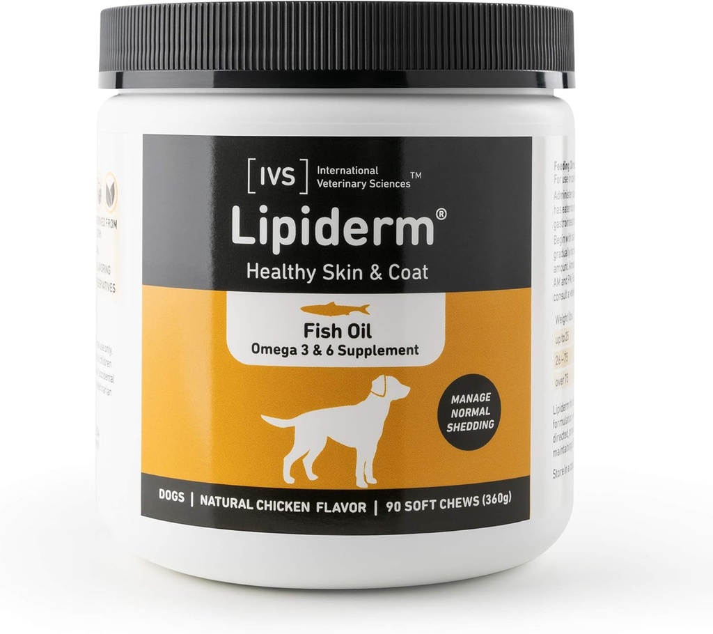 Ny International Veterinary Sciences IVS Lipiderm Hud og Coat Fish Oil Omega 3 og 6 Kosttilskud Hunde, Lavet i USA (Soft Chews, 90 Greve)