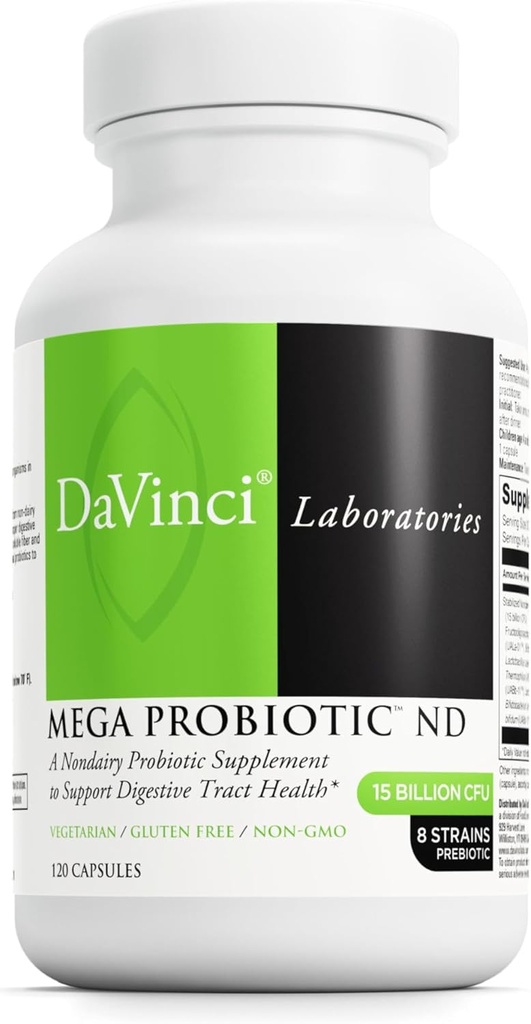 DAVINCI Labs Mega Probiotic ND - Non-Dairy Probiotic Supplement Supports Gut, Digestive & Brain Health* - Gut Health Support Supplement with Non-Dairy Complex* - 120 Vegetarian Caps
