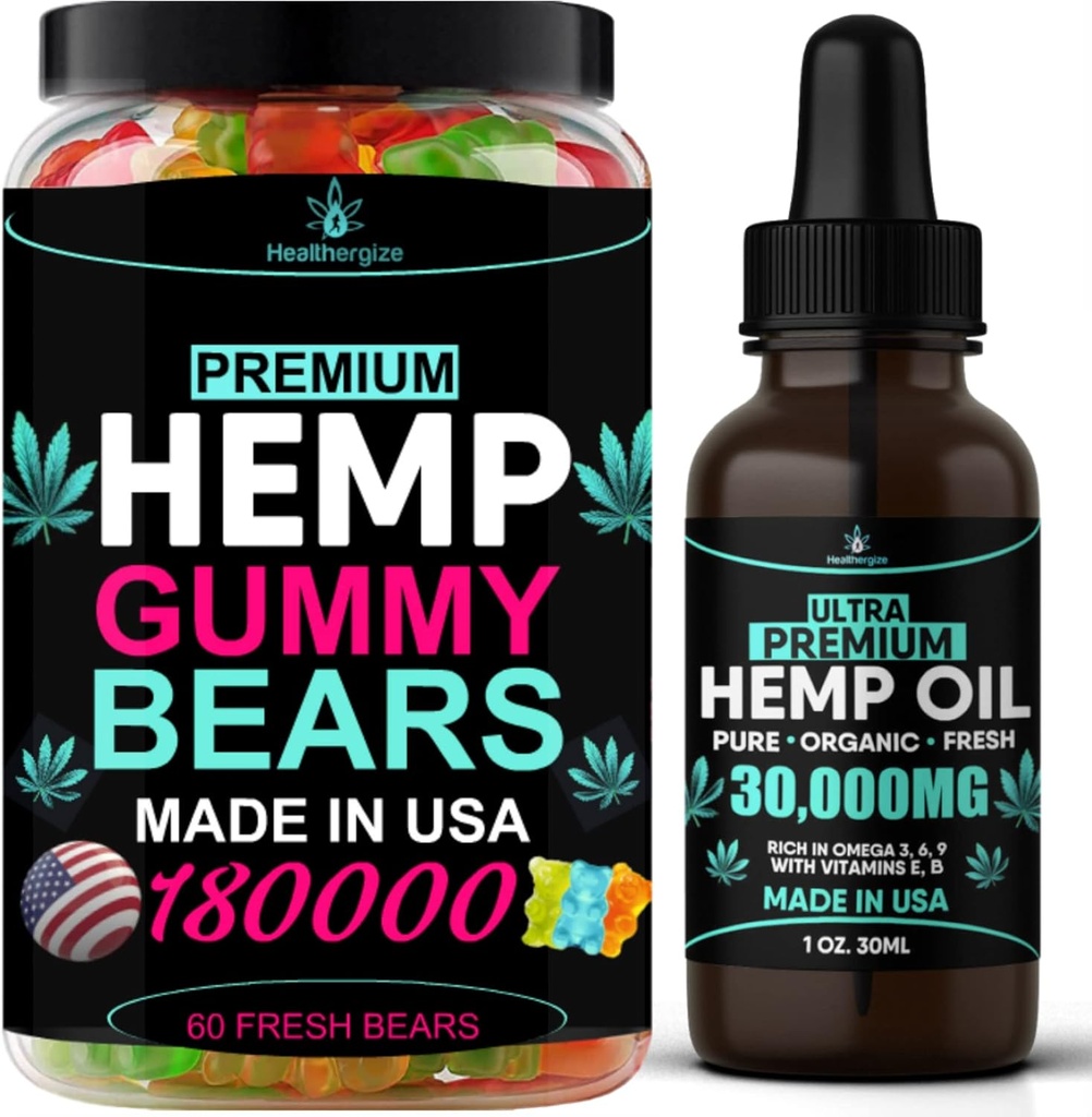 2Pack Hamp Olie og Hamp Gummies Gummy Bears Combo Sett- Peace and Relaxation, Relief, Lindrende, Diskomfort, Sleep- Full Body High Care- Made in USA