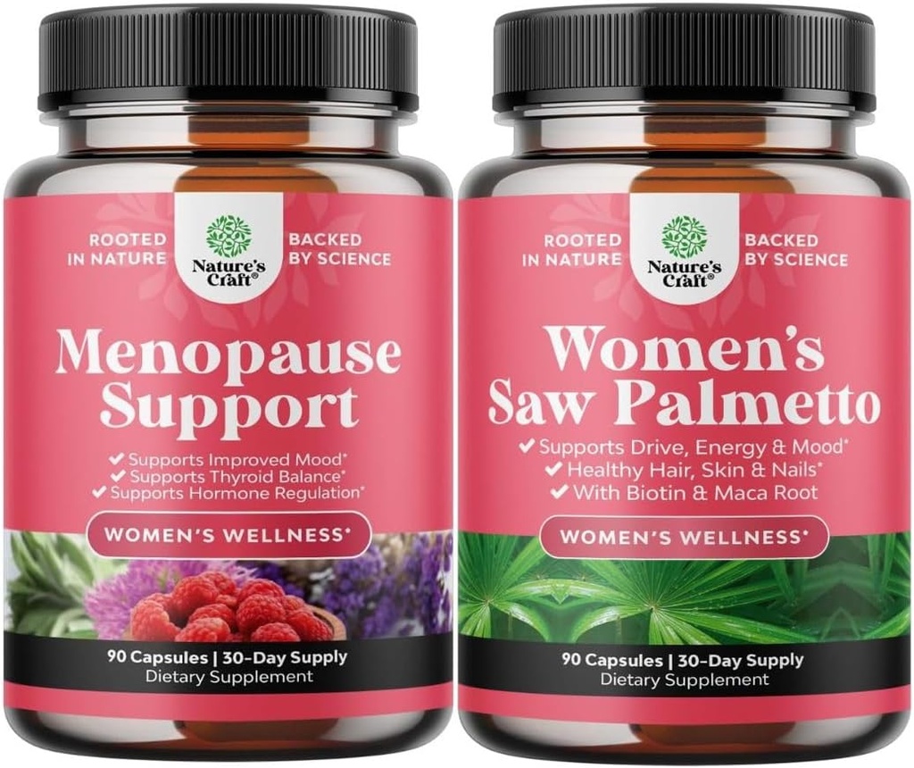 Bundle af overgangsalderen Supplement for Hot Flashs med Dong Quai Vitex Chaste Berry & Black Cohosh & Extra Strength Saw Palmetto for Kvinder 500mg - DHT Blocker Hårtab supplement med Maca Root & Biotin