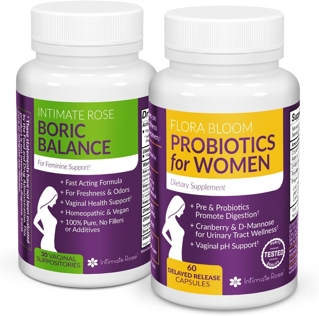 Intime Rose Combo Pack! Flora Bloom Probiotika til Kvinder (One Flaske) og Boric Balance Boric Acid (One Flaske) 2 Pack