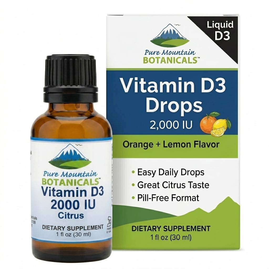 Pure Mountain Botanicals Flavored D-vitamin Drops - Orange og Lemon Flavored flydende D3- 2000iu per Servering - 1oz Flaske
