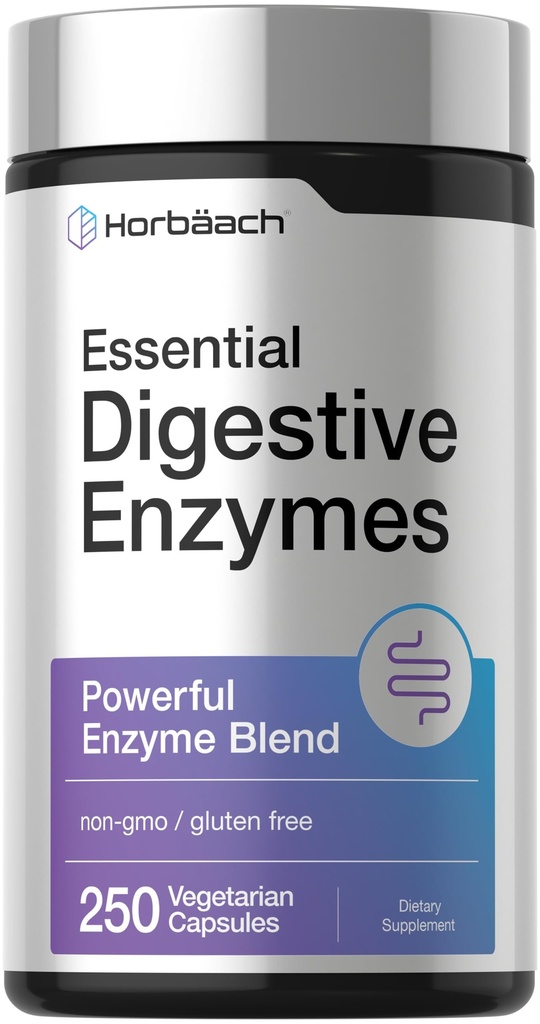 Horbäach Essential fordøjelsesbesvær Enzymes against 124; 250 Kapsler Measures 124; Kraftfuld Enzyme Blend for Mænd & Kvinder Measures 124; Non- GMO & Gluten Free Supplement
