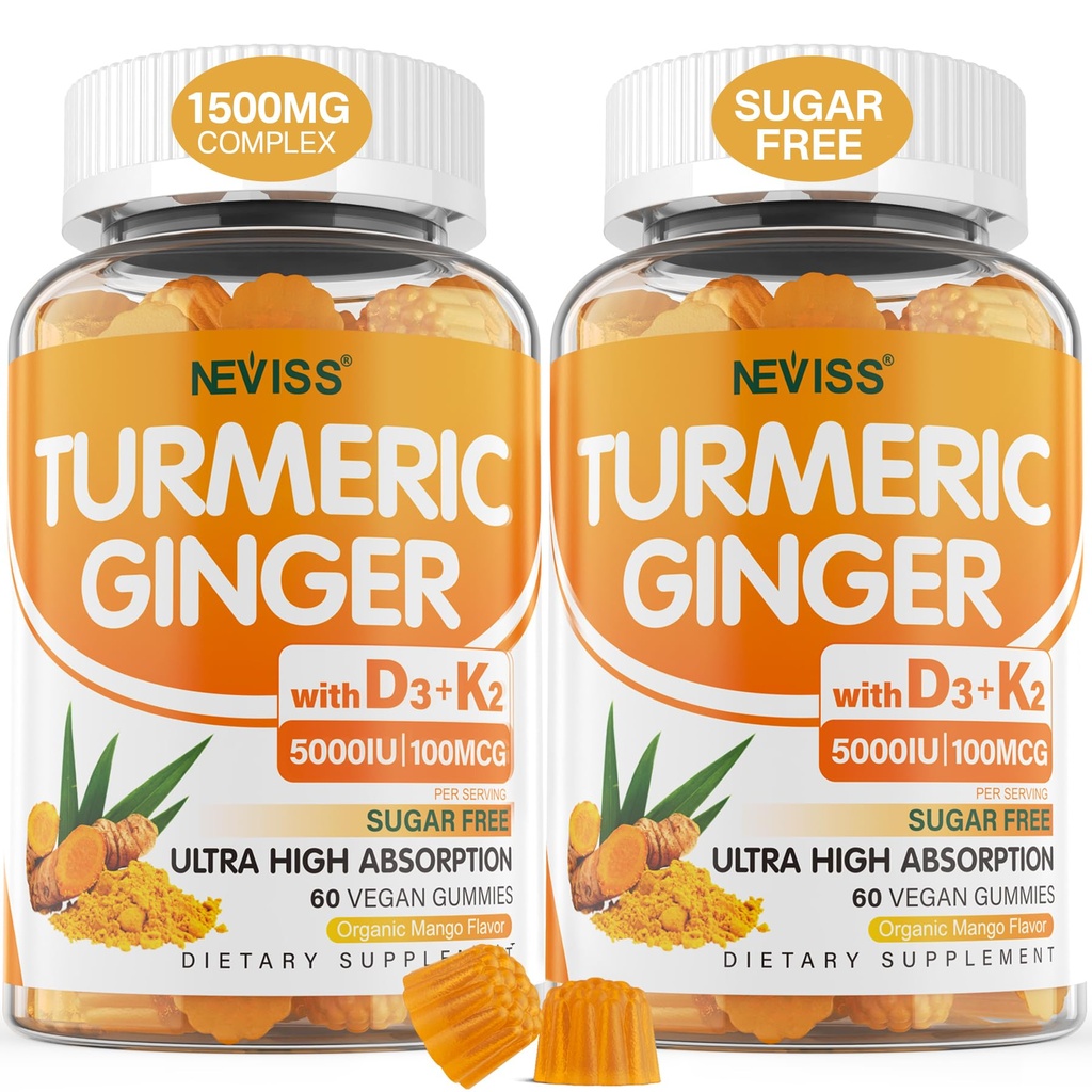 Sukkerfri gurkemeje Gummies med 5000 IE D3 & K2 Vitamin (MK7), C - Vegansk gurkemeje Supplement Gummies for voksne 1500mg med sort peber, understøtter ben, immunforsvar og fordøjelsessygdomme - 120 Cts