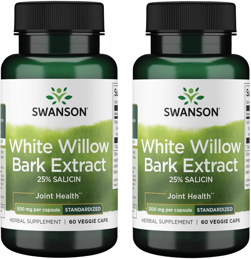 Swanson Maksimum Styrke Hvid Willow Bark Ekstract- fremmer fælles støtte & Muscle Relief- Standardiseret til 25% Salicin- Natural Supplement med ingen Mave Irritation (60 Veggie Caps, 500mg Hver) 2 Pack