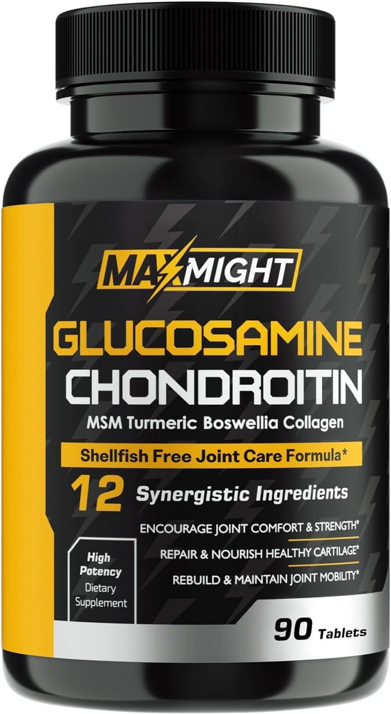 Glucosamin Chondroitin MSM Turmerisk, Boswellia, 12- in-1, Joint Comfort, Mobility, Smøreevne & Styrke for Mænd Kvinder & Senior, 90 Tab, Ingen Shellfish
