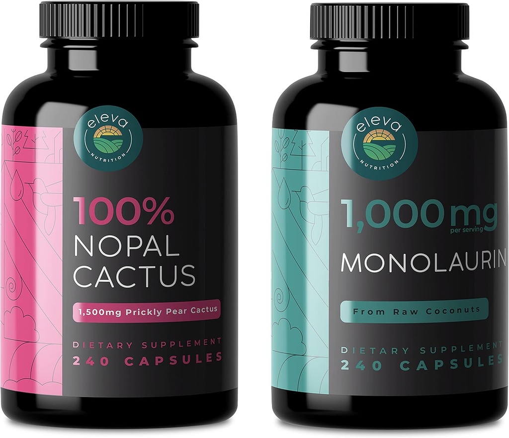 Nopal Cactus & Monolaurin Bundle, 240 Kapsler Hver, 1500 Mg Prickly Pære Cactus, 1000 Mg Monolaurin