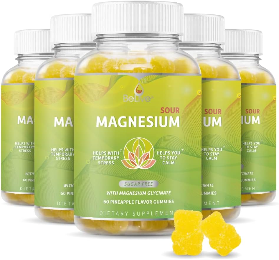 BeLive Magnesium Gummies 200mg - 60 Ct - 124; Magnesium Glycinate Kosttilskud til afslapning, Stress Relief, og søvn for voksne & Børn - Tasty og Tangy Pineapple Flavor (3)