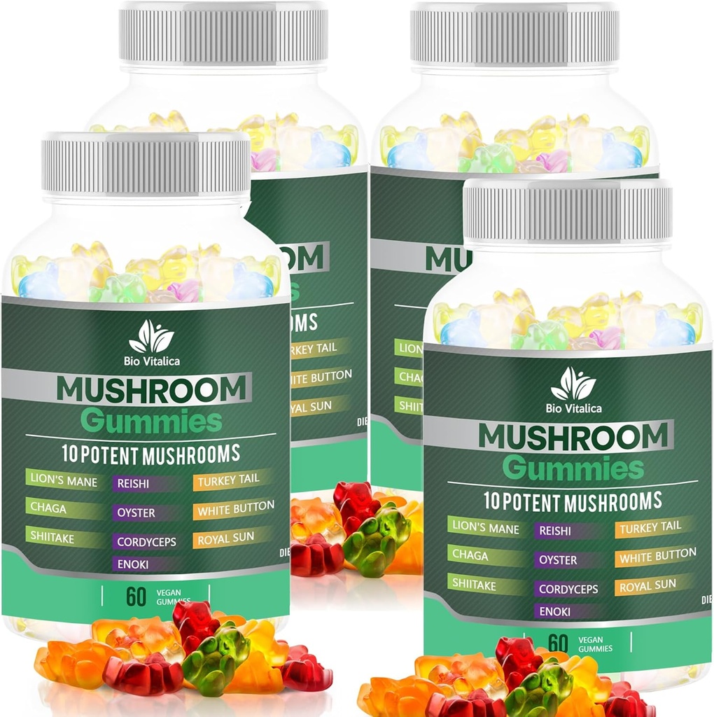 BIO VITALICA Mushroom Gummies - 10 Mushroom Kompleks med Lions Mane, Reishi, Chaga, Cordyceps & Mere - Fruity Vegan Gummies - Non-GMO, Gluten- Free, Plant- baseret - 4 pakker