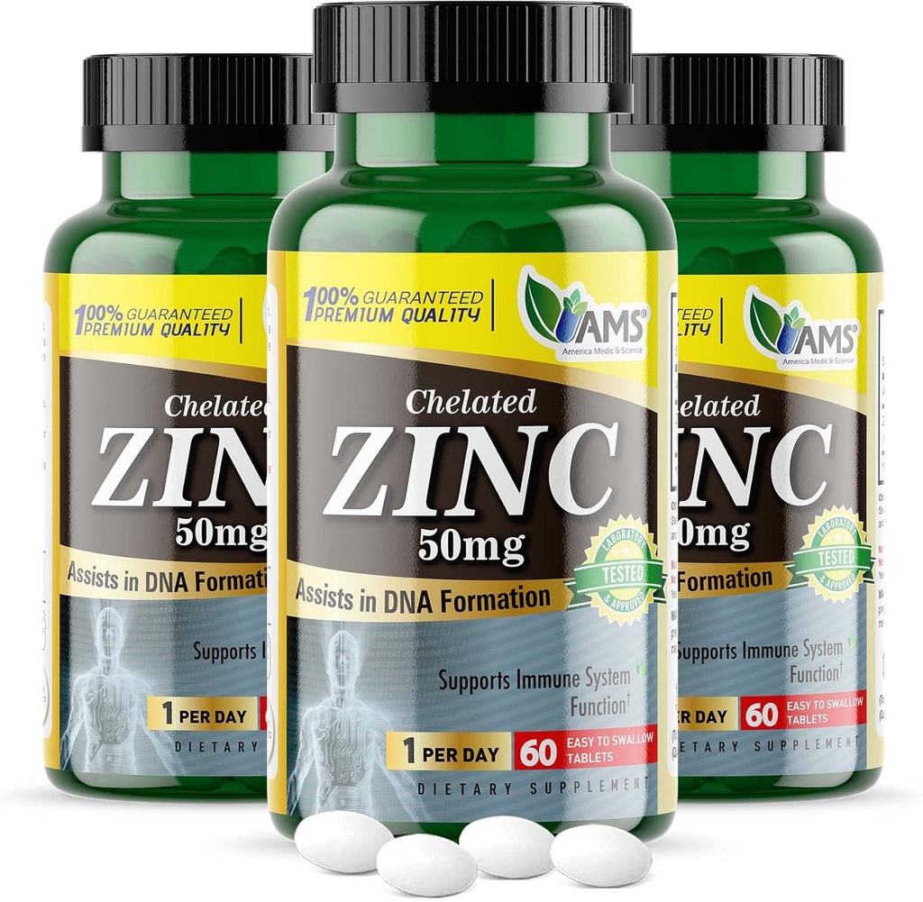 America Medic & Science Chelated Zink 50 mg Kosttilskud (3 pakker med 60 tabletter) Immunbooster og kraftfulde antioxidant piller til voksne mænd og kvinder