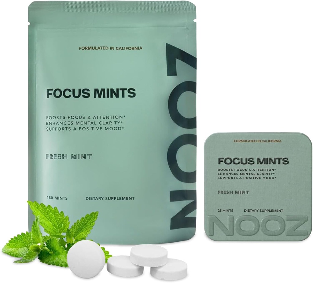 NOOZ Focus Mints Refill Bag - Coffeine- Free Brain Booster for Mental Clarity - Friske Mint Flavor Buddy 124; Sugar- Free, Travel- Friendly Supplement med Vitaminer C, B6, B12 - Non- GMO, Clean Label, 150 Mints