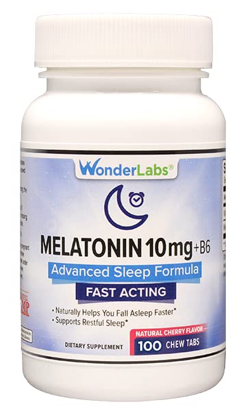 Wonder Laboratories Chewable Melatonin 10mg + B6 Hurtig opløsning hjælper dig med at falde hurtigere, Stay Assaping Longer 100 Greve