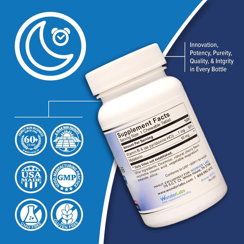 Wonder Laboratories Chewable Melatonin 10mg + B6 Hurtig opløsning hjælper dig med at falde hurtigere, Stay Assaping Longer 100 Greve