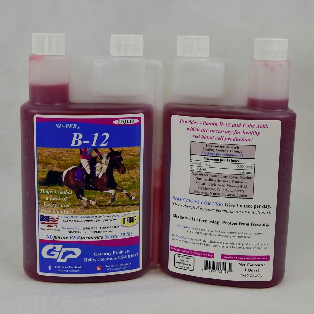SU- PER B- 12 Energy Horse Supplement - Equine Vitaminer B- 12 & B- 9 Folinsyre Support Liquid - Red Blood Cell Production & Stamina Support for Peak Performance - Quart, (2 Pack)