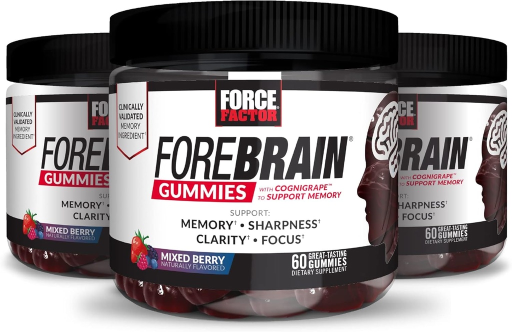 FORCE FACTOR Forbrain Gummies, 3- Pack, Nootrop Brain Support Supplement for Memory & Focus, Brain Vitamin med COGRIGRAPE & Huperzine A, Focus Gummies to Support Recall & Sharpness, 180 Gummies