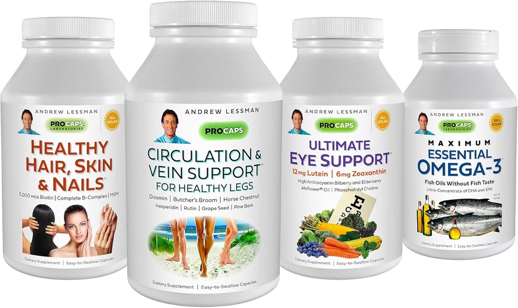 ANDREW LESSMAN 4 Produkt Customer Favorites Bundle - 60 Greve hver af cirkulation & Vein Support, sundt hår, hud og negle, Ultimate Eye Support, og maksimal essentiel Omega-3 (Orange)
