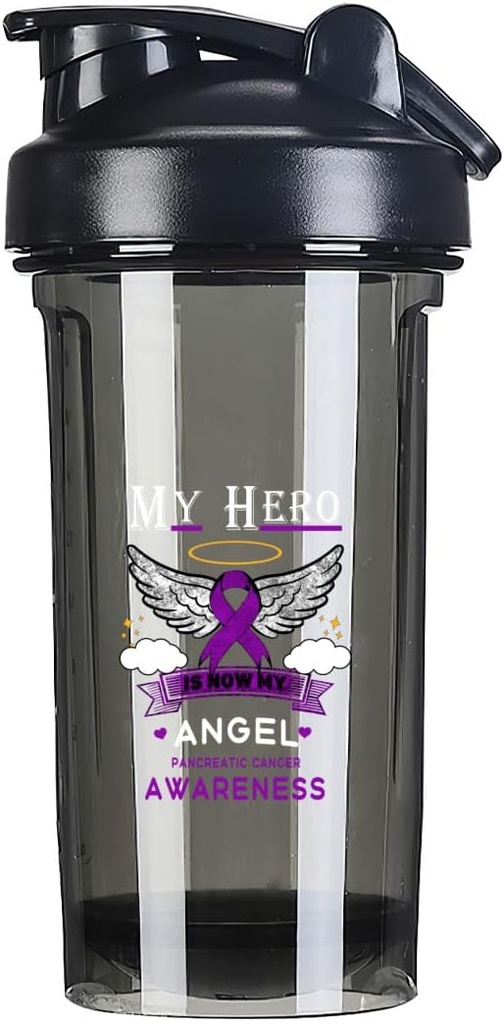 Min Hero er nu min Angel Pancreatic Cancer 18 Ounce Shaker flaske drik mixer læk- bevis før træning Protein Shakes Meal udskiftning Shakes Flasker 500ML / 18 Oz Black