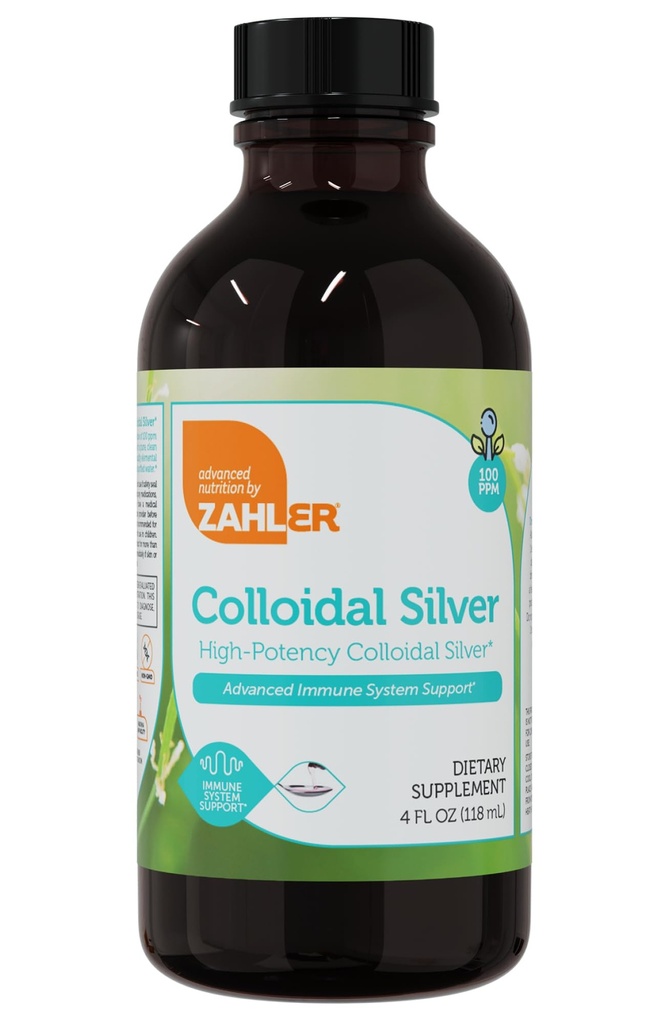 Zahler kolloid sølv væske - Avanceret immunforsvar og generel sundhed - 100 PPM Bio- Aktiv flydende sølv kolloid væske - Kosher Vegetar non-GMO struktureret kolloid sølv vand (4 fl oz)
