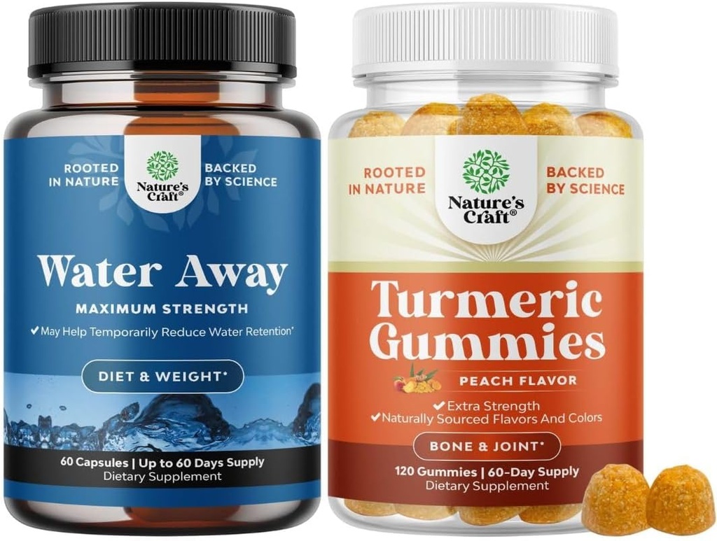 Bundle af vand væk piller maksimal styrke for vand tilbageholdelse for hurtig fungerende Bloating Relief og gurkemeje for voksne Peach Flavor - Ekstra styrke fælles støtte gummier