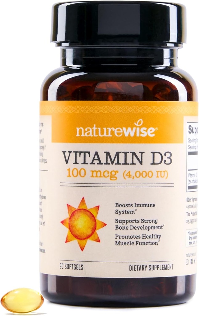 NatureWise Vitamin D3 400iniu (100 mcg) 90- Day Supply for immunforsvar, sund muskelfunktion, og Knoglesundhed - non-GMO, Gluten Free in Organic Extra Virgin Olivenolie, (Mini Softgel), 90 Greve