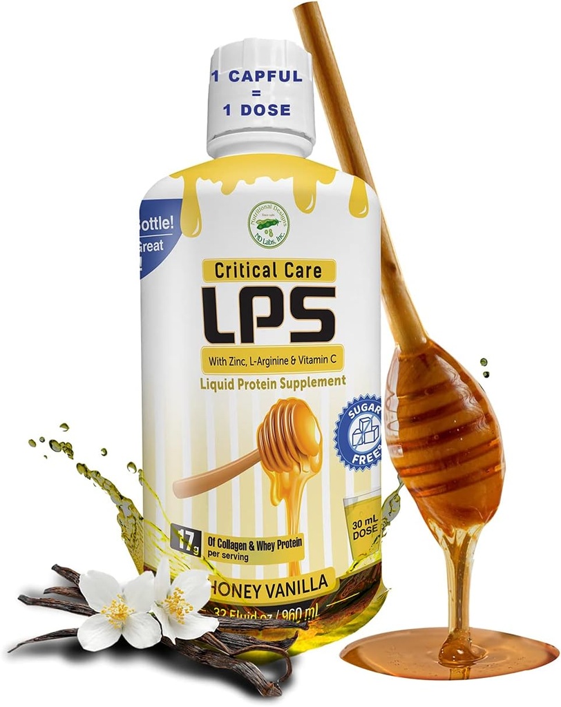Ernæringsmæssige designs LPS flydende kollagen & whey protein supplement, sukkerfri, ikke-GMO drik, fremmer sund hud & hår til mænd & kvinder. (Kritisk pleje) Honey Vanilla
