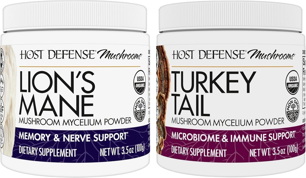 Host Defense Bundle med Lions Mane Powder, 3,5 oz & Tyrkiet Tail Mushroom Powder, 3,5 oz - Support Brain Health, Memory & Focus - Support fordøjelse og immunforsvar *