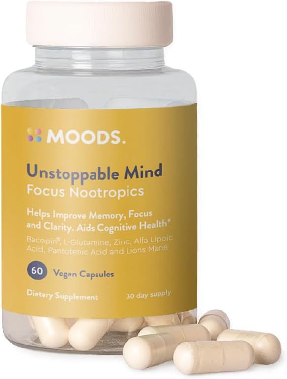Moods # 124; Unstoppable Mind # 124; Focus Nootropics # 124; Boost Energy and Mental Agility, Memory, Concentration # 124; Bacopin, L- Glutamin, Lions Mane, Alpha Lipoic Acid, Pantothenic Acid # 124; 60 Vegankapsler