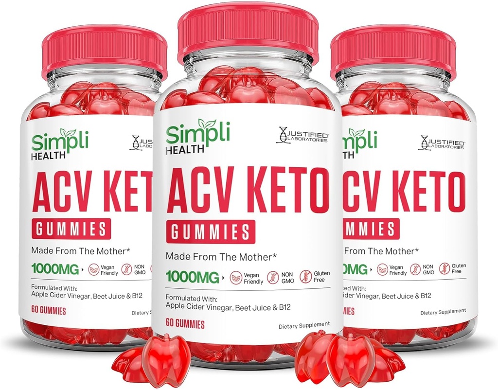 Justified Laboratories (3 Pack Simpli Health Keto ACV Gummies Advanced Formel 1000MG Apple Cider Vinagar Formuleret med Pomegranate Beet Juice Powder B12 Vegan Non GMO 180 Gummys