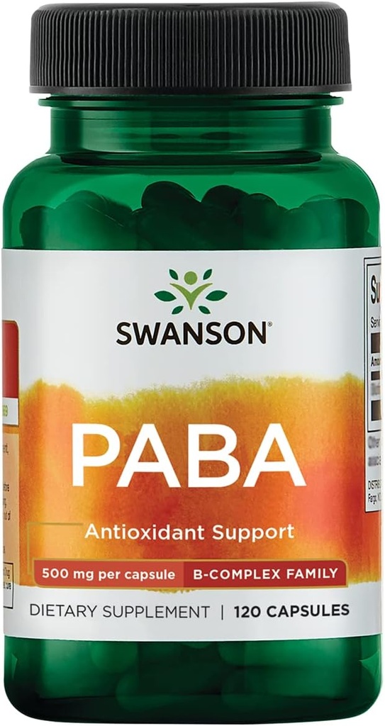 Swanson PABA - Powerful B Complex Support Red Blood Cell Dannation - Folinsyre komponent hjælpemiddel ilt til celler og hud sundhed støtte - (120 kapsler, 500mg hver)