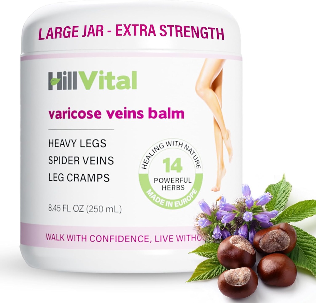 HillVital Varicose Veins Treatment for Legs, Natural Varicose Vein Cream & Spider Vein Treatment for Legs og andre kropsdele, Premium Horse Chestnut Cream for Puffed Veins, Infunderes med 14 urter