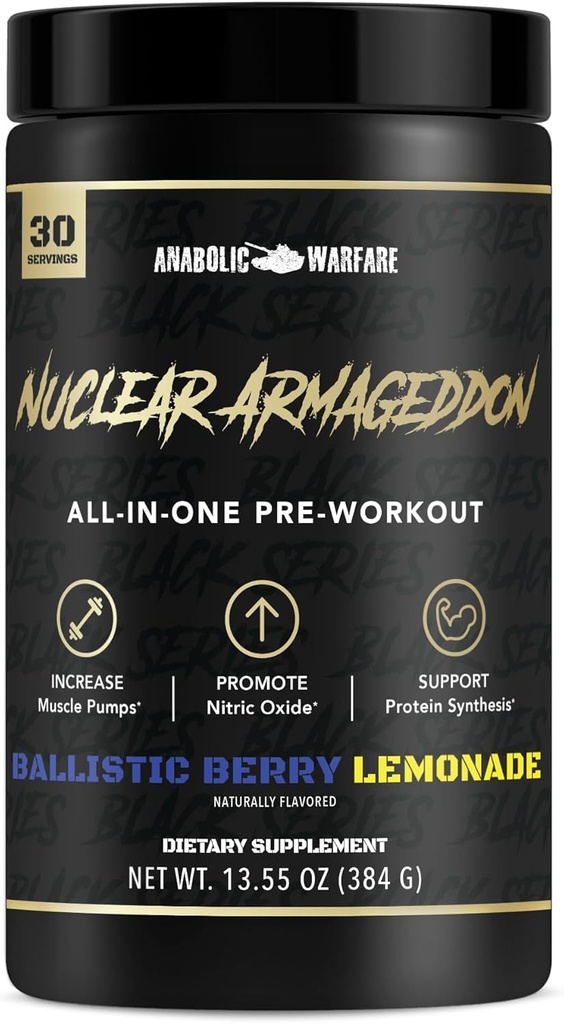 Anabolske krigsførelse Nuklear Armageddon Pre Workout Powder Pre- Workout for Mænd & Kvinder med L- Citrullin, Beta Alanine pulver og koffein (Ballistisk Berry Lemonade - 30 Serveringer)