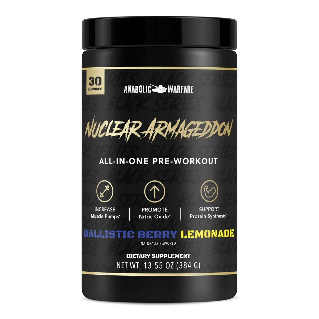 Anabolske krigsførelse Nuklear Armageddon Pre Workout Powder Pre- Workout for Mænd & Kvinder med L- Citrullin, Beta Alanine pulver og koffein (Ballistisk Berry Lemonade - 30 Serveringer)