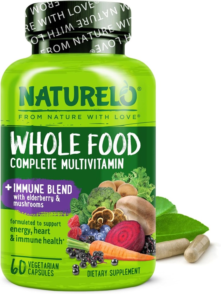 NATURELO Whole Food Multivitamin + Immune Blend with Elderberry & Mushrooms - Complete Multivitamin with Extra Immune Support - C, D3, Zinc, Elderberry, Reishi, Shitake - 60 Vegan Capsules
