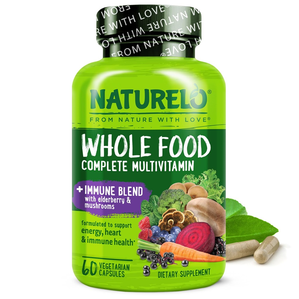 NATURELO hel mad Multivitamin + immunblend med hyldebær & svampe - Komplet Multivitamin med ekstra immunstøtte - C, D3, zink, hyldebær, Reishi, shitake - 60 Veganske kapsler