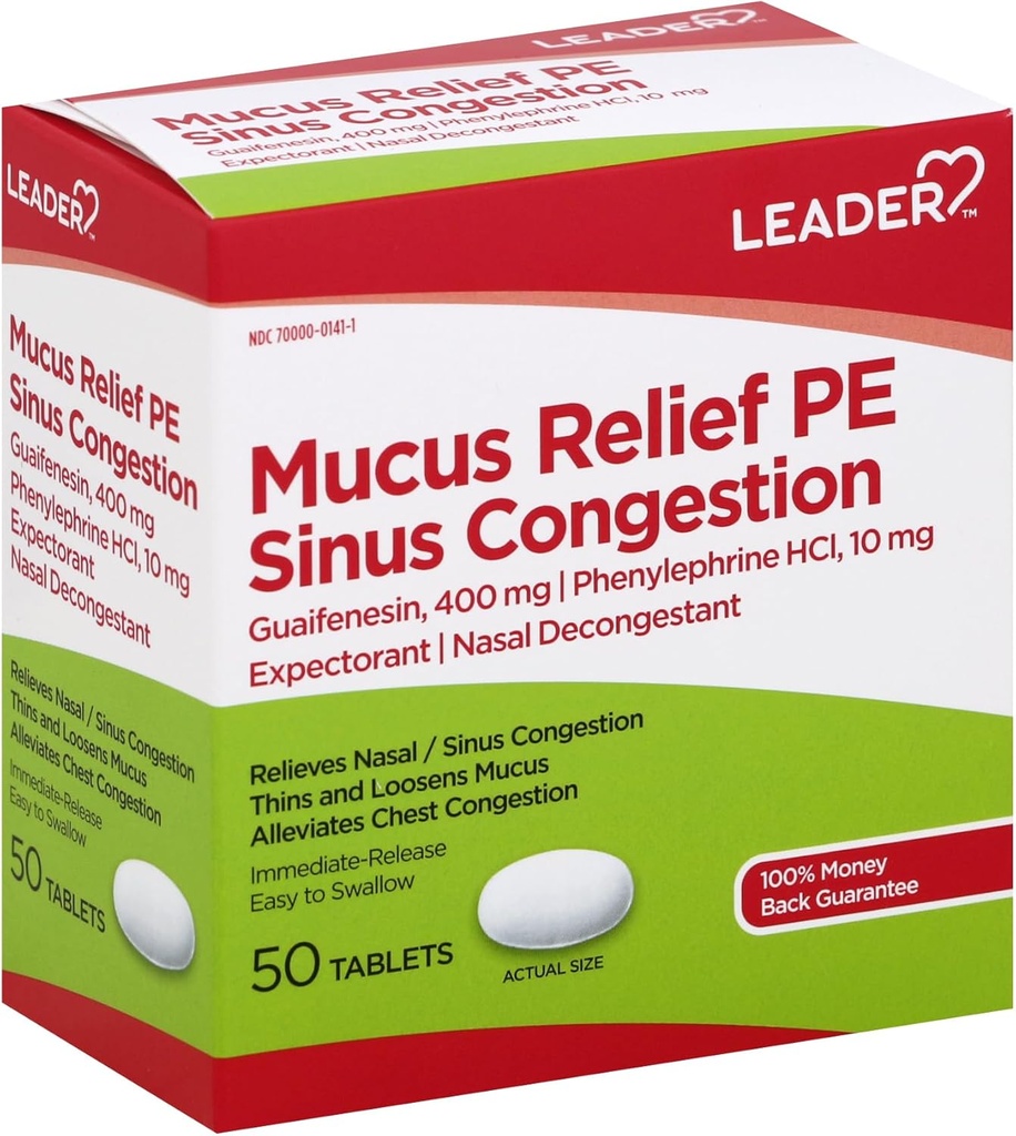 Lederen Mucus Relief PE Sinus Congestion, Expectorant; Nasal Decongestant, Tynder og Loosens Mucus, Immediate- Release, Alleges Chest Congestion, 50 tabletter