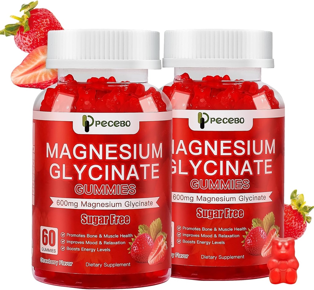 Magnesium Glycinat Gummies 600mg, Sukker fri Magnesium Gummies for voksne, Strawberry Magnesium Supplement for Stress & Muscle Relief & Nerve Sundhed, Non- GMO, Gluten Free, Vegan, 120 Greve