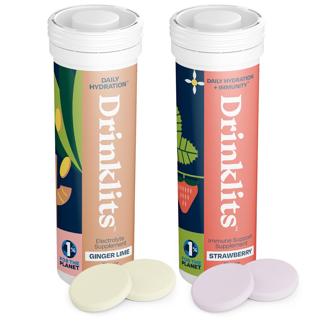 Drinklits Ginger- Lime Electrolyte Hydration & Strawberry Immunity Tablets (2) Tube Combo Pack C124; Great Smag - Gluten Free - Daily Use C124; 20 Servering (10 tabletter Per Tube)