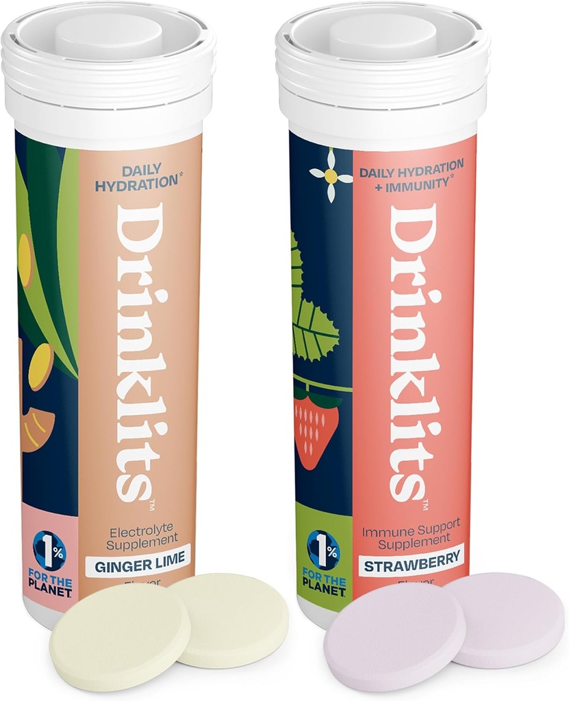 Drinklits Ginger- Lime Electrolyte Hydration & Strawberry Immunity Tablets (2) Tube Combo Pack C124; Great Smag - Gluten Free - Daily Use C124; 20 Servering (10 tabletter Per Tube)