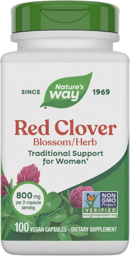 Nature 's Way Red Clover Blossom Herb, Traditional Health Support for Women *, 800 mg pr. 2-Capsule Serving, Non- GMO Project Verified, Red Clover Supplement, 100 Vegan Kapsler (Packaging May Vary)