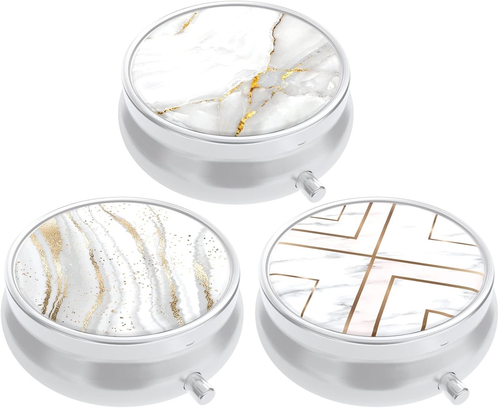 3 Pack Pill Box, Lille Pill sag til purse & Pocket, Cute Travel Medicine Organizer, Portable Medicine Container Holder til at holde vitaminer, Medicin, Fish Oil & Supplement, White Marble