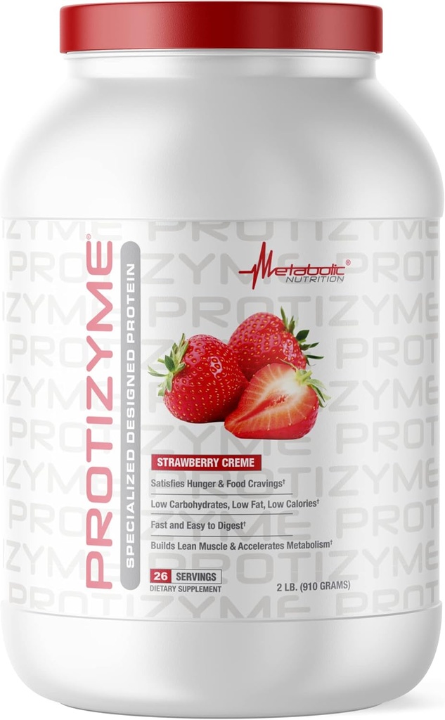 Metabolisk ernæring: 124; Protizyme: 124; 100% Whey Protein Powder: 124; High Protein, Low Carb, Low Fat med fordøjelsesenzymer, 24 Essential Vitamin og mineraler: 124; Strawberry Creme, 2 Pund
