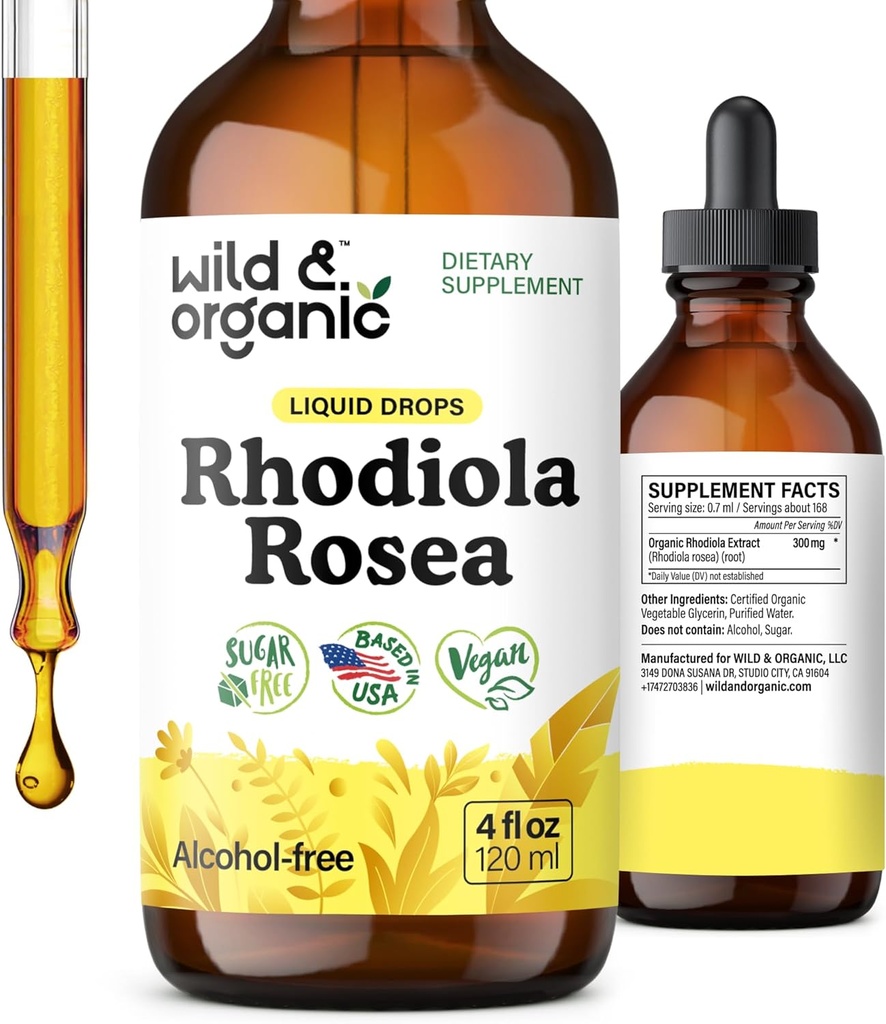 Wild & Organic Rhodiola Rosea Tinktur - Rhodiola Rosea Support for Mood Support - Afslappende Root Extract Liquid Drops - Vegan, Sukker & Alkohol- Free - 4 fl oz