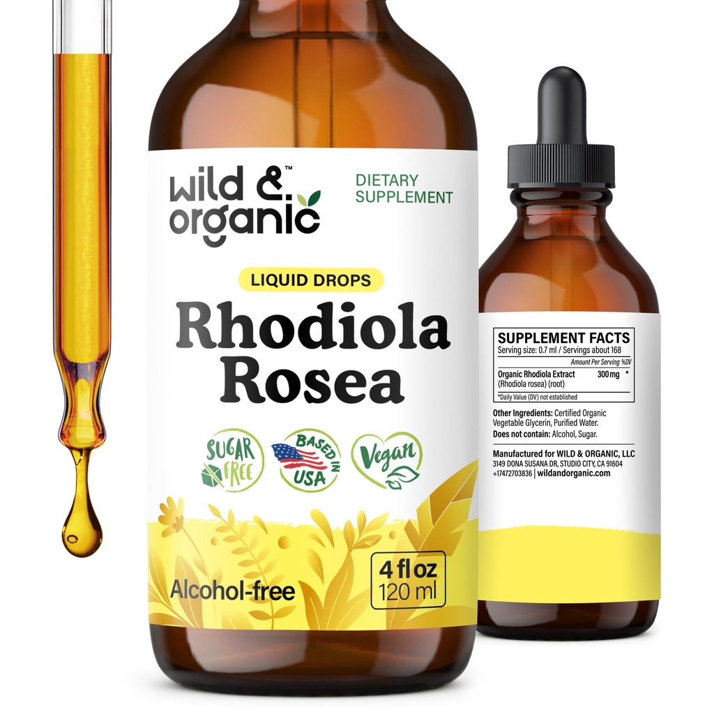 Wild & Organic Rhodiola Rosea Tinktur - Rhodiola Rosea Support for Mood Support - Afslappende Root Extract Liquid Drops - Vegan, Sukker & Alkohol- Free - 4 fl oz