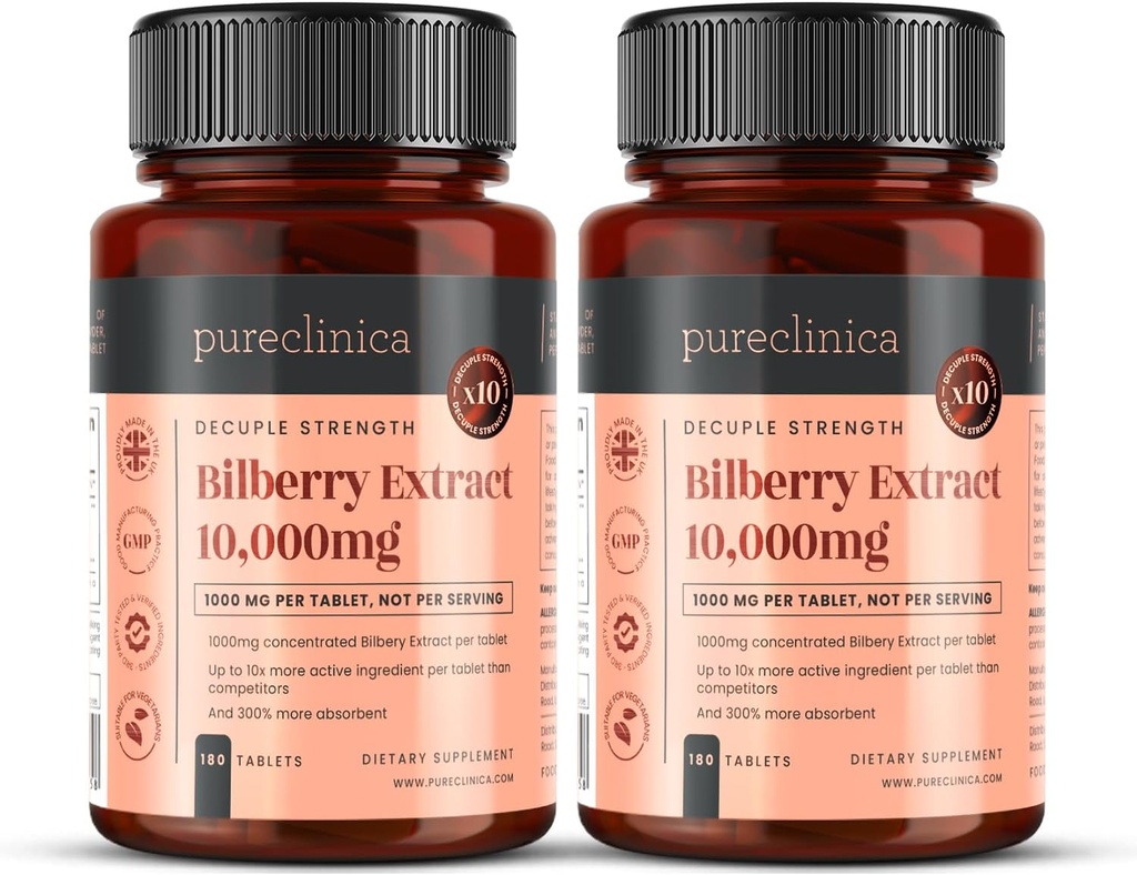 pureclinica Bilberry Extract 10,000mg x 360 Tablets (2 Flasker) - 10 X Flere Antocyanidin per tablet end de fleste andre - og 5mg Black Pepper Extract for 300% Øget Absorption