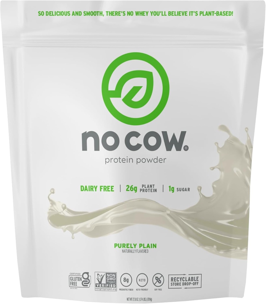 Ingen Cow Vegan Protein Powder, Pely Plain, 26g Plant Based Protein, Recyclable Bag, Dairy Free, Soy Free, No Sugar Tilded, Keto Friendly, Gluten Free, naturligt sødet, Ikke GMO, Kosher, 1.74 Pound